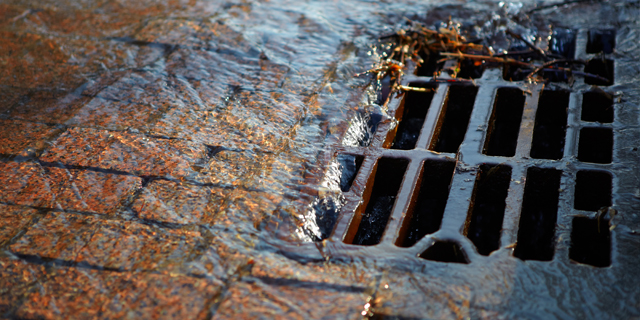 Stormwater flowing into a sewer grate on a brick paved street.